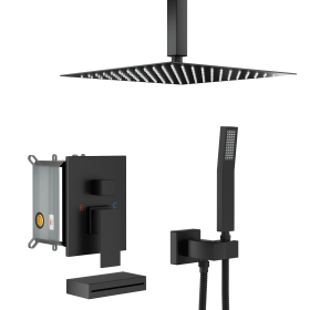 Shower System with Waterfall Tub Spout,12 Inch Ceiling Mount Square Shower System with Rough-in Valve,Matte black