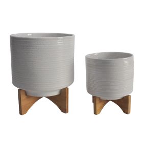 CERAMIC S/2 8/10" PLANTER ON STAND, SPECKLED WHITE